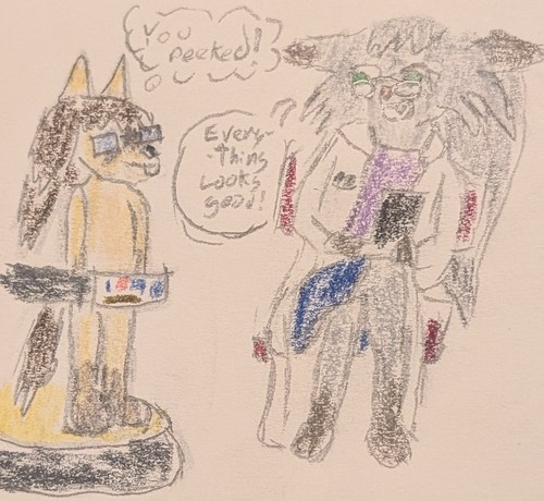 Eli Norainu, an anthro dog man, stands naked on a scanner with a control panel blocking his privates. Silva Leon, an anthro cat woman, looks over the readings and her patient and says, 