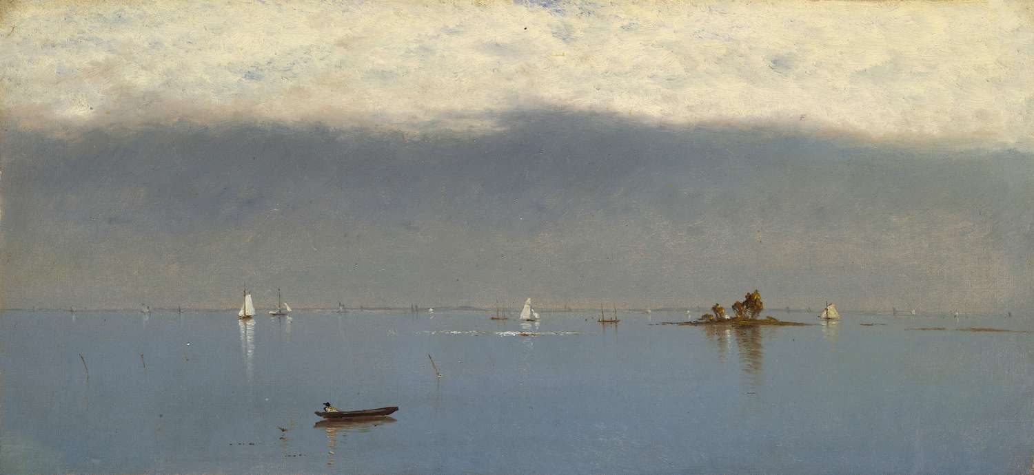 The painting shows a rowboat in the foreground, a tiny island, several white sailboats, and a very slight white wave or reflection on the otherwise placid surface of the water.