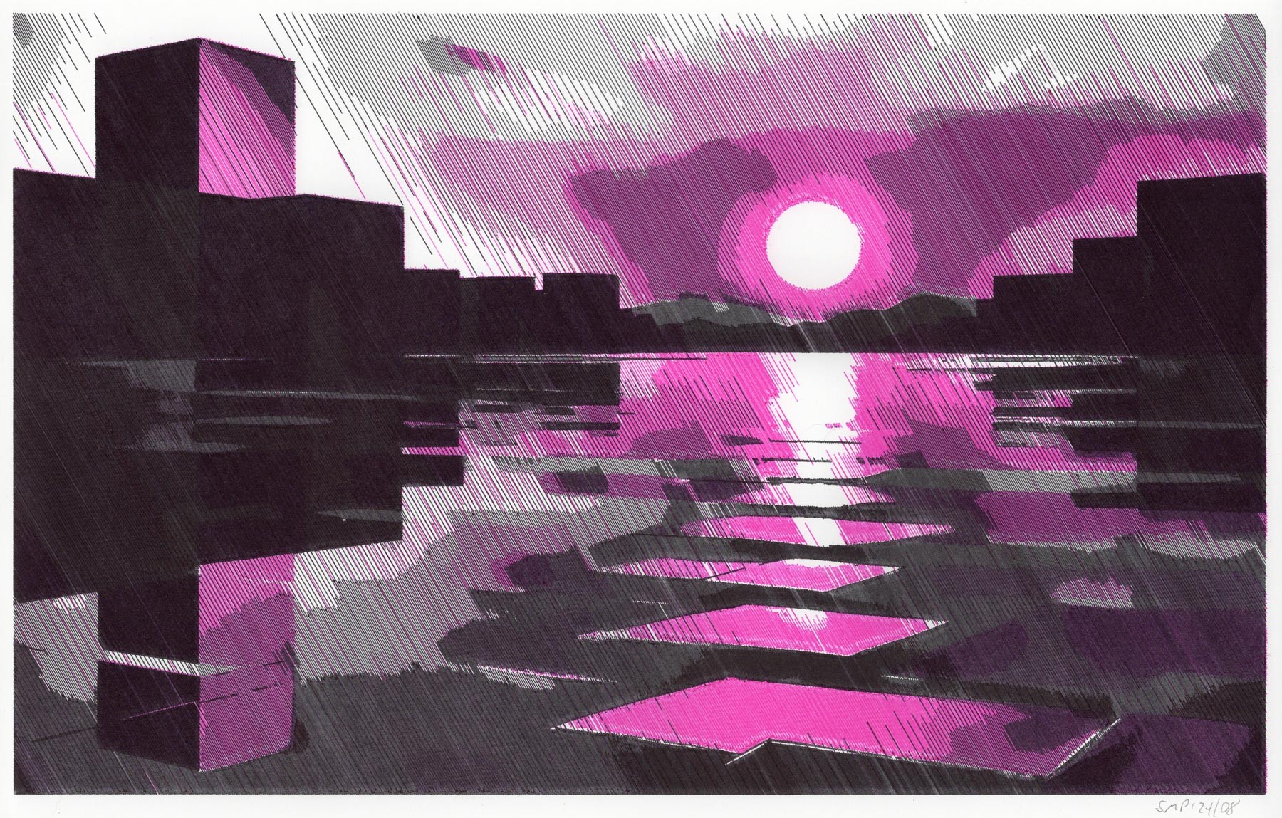 Dead city broken pavement magenta sunset 