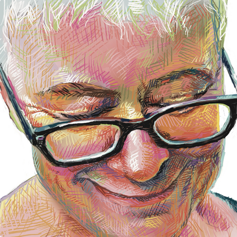 Colorful crosshatch drawing of a person in glasses looking down