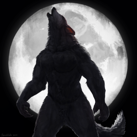 Digital art of a werewolf howling, silhouetted against a large bright moon.