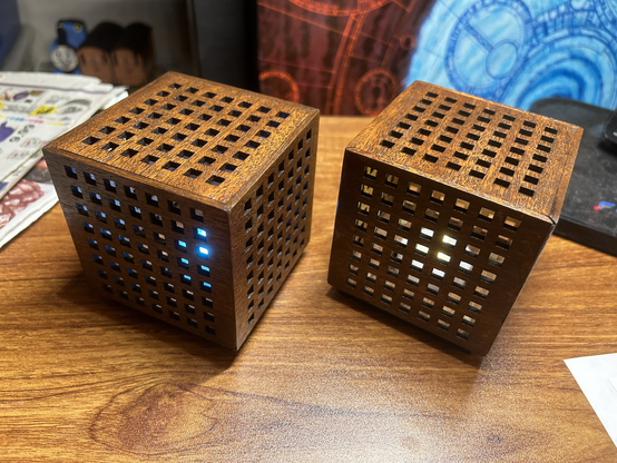 2 hand made 80mm CubeLamps in dark stained solid mahogany, one with color-changing LED, other with candle-flicker LED