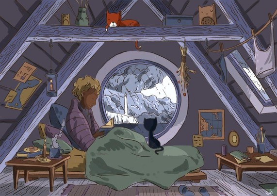 An illustration of an old brown woman reading a book on a futon-style bed, wrapped in blankets. She's in an attic-room, there's a round window in the wall with a cat looking out into the rainy landscape with towering clouds and a lighthouse. Inside it's cosy, with tea and candles.