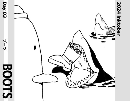 The shark, who had become the protagonist's backpack, decided to go home with the reunited brothers. As they parted ways, the shark took out a pair of boots from its body and gave them to the protagonist as a present.
The main character is in the foreground. In the background, the shark is taking the boot out of its mouth. The brothers are watching from further back.