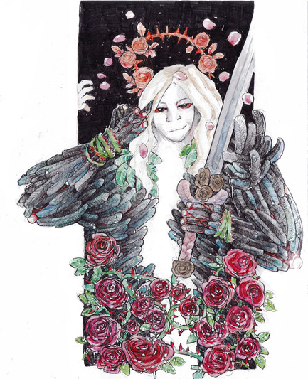 Watercolor of vampire in bio armor covered by dark red roses holding big rose sword. Vampire has alabaster white skin with vibrant red eyes and white-ish hair