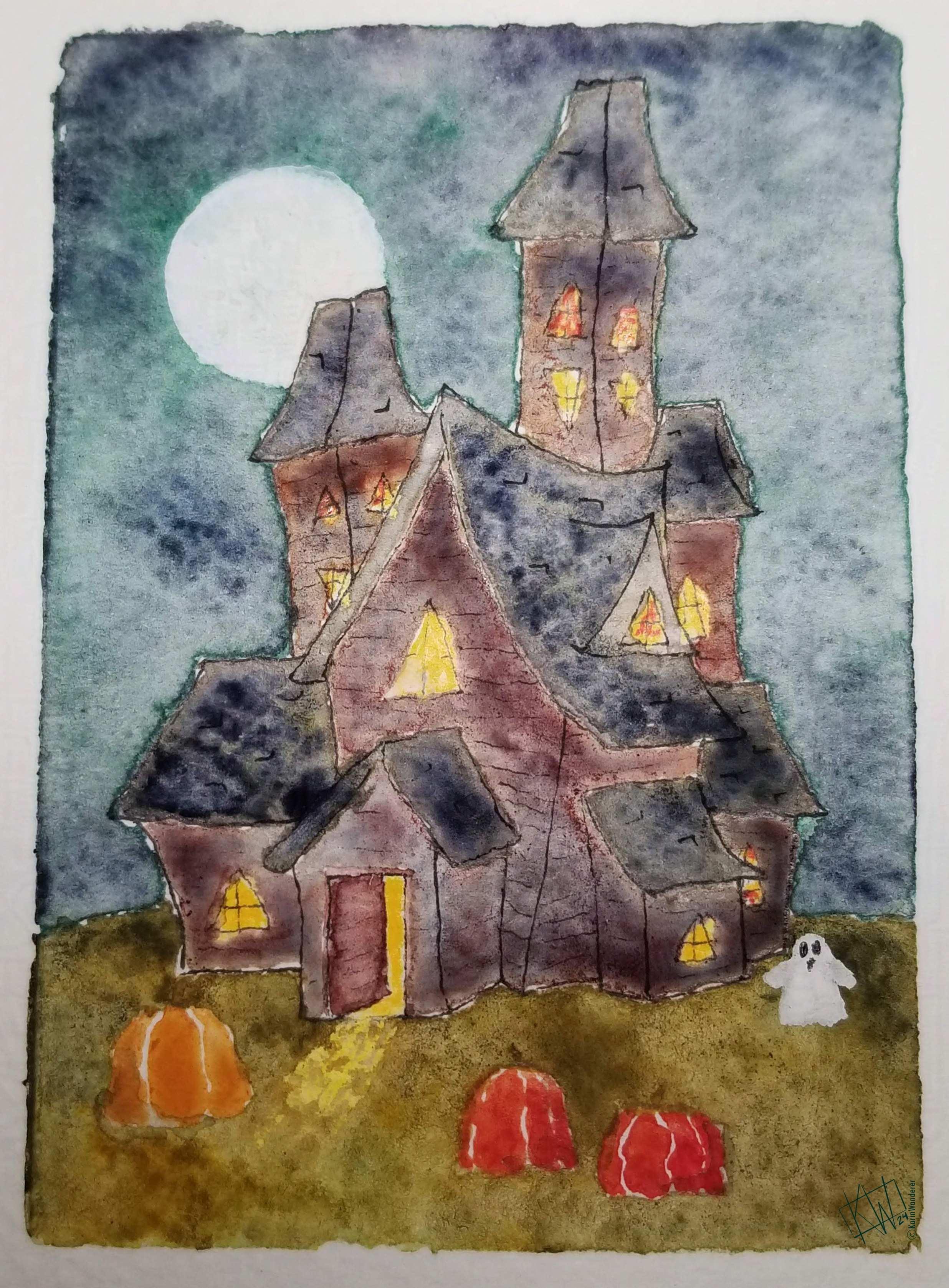 Watercolor of the full moon shining down on a large, many-gabled house with odd crooked towers. A ghost walks towards the pumpkins growing in the yard. Every window is aglow & the door is opened invitingly... should you go in?