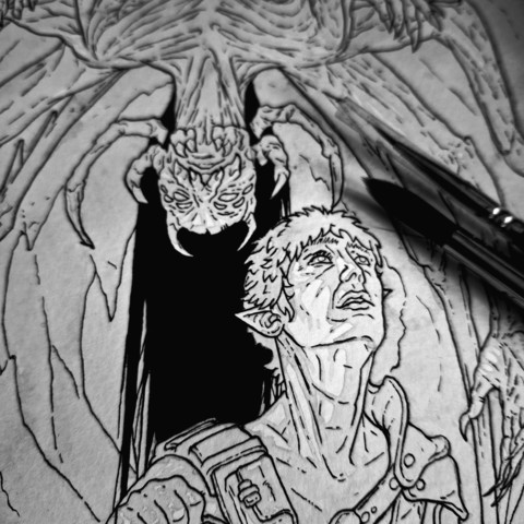 A work in progress ink drawing about to receive its second layer of ink washes. It shows an elf woman looking up in a cave with a many eyed monster hanging behind her. It is black and white.