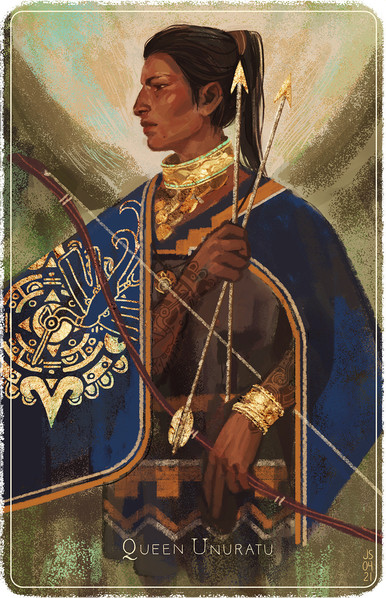 Painted portrait of Queen Unuratu from Shadow of the Tomb Raider in earthy green, brown, yellow, gold, and teal tones. Standing in a side view profile pose, she holds a bow and two arrows close to her chest, with a deep rich royal blue cape adorned with a gold heron graphic draped over her shoulders. All the gold in the image is textured and brightly shimmering, including the heron graphic, the arrows, a bracelet/bangle accessory she wears on her left hand and the necklace she wears around her neck.