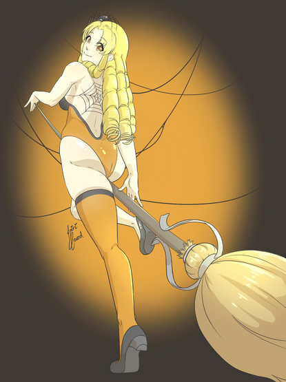 Luvia from Fate/Hollow Ataraxia, a girl with long curly blonde hair and brown eyes. She is wearing a one piece swimsuit in orange and black, open with a spiderweb in her back, high orange thights, black heels and a spider adorn in her head. She is holding a broom, stricking a pose.