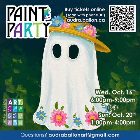 Paint Party advert featuring acrylic painting of a ghost wearing a sun hat and flowers. 