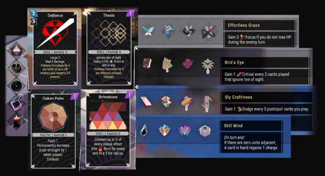 A composite of several screenshots from NOMIA, showing the new cards, items and memories added in version 0.3.1.