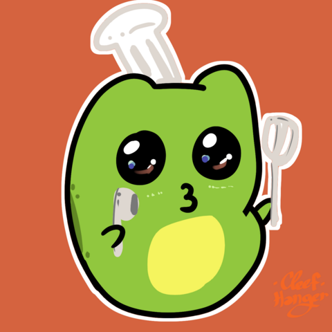 froggelio with a chef hat and two tools for cooking