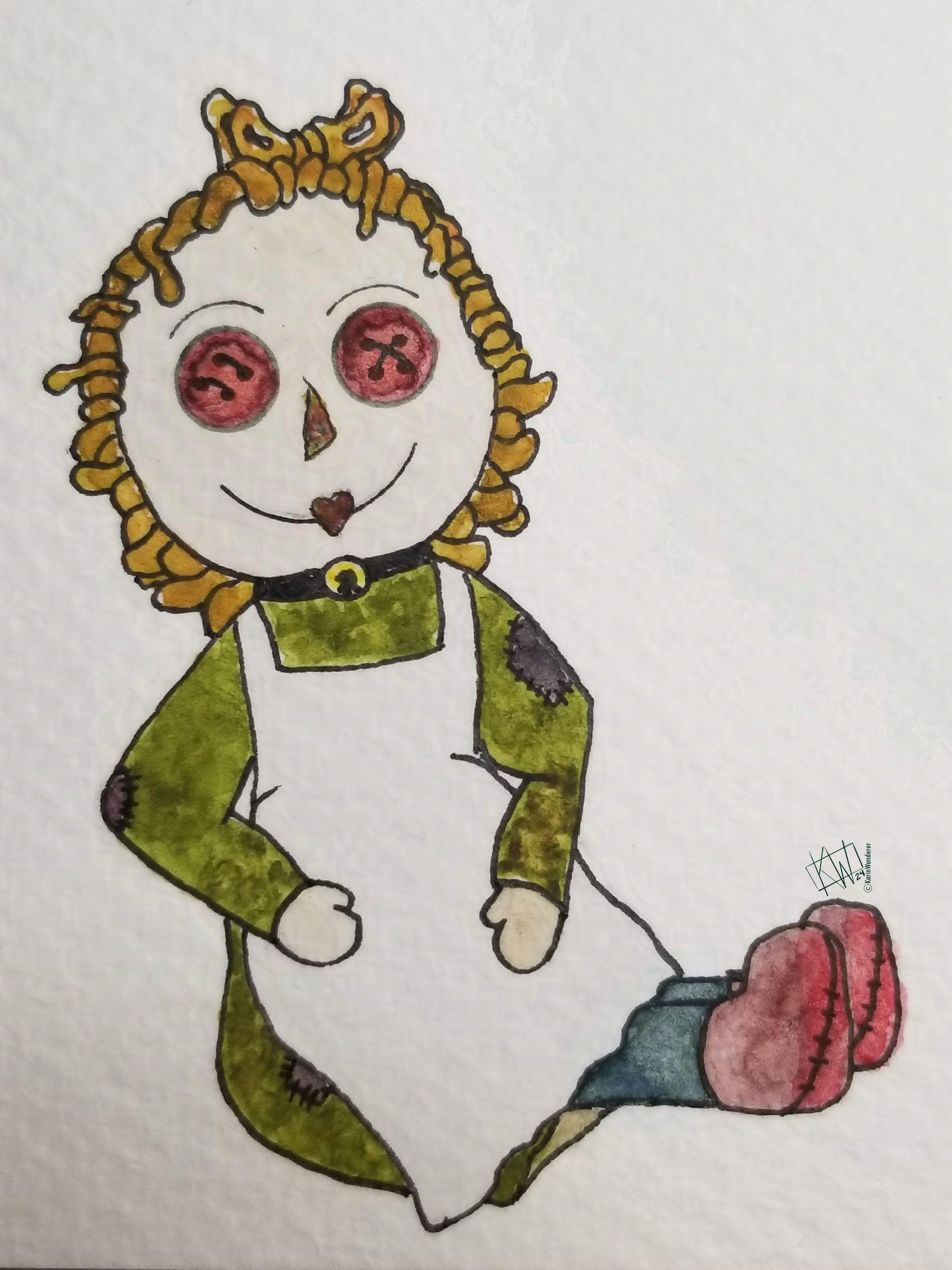 Watercolor of a rag doll that just seems... wrong. Its feet are bloody, its dress is mildewed, it is looking at you and it Definitely sees you....