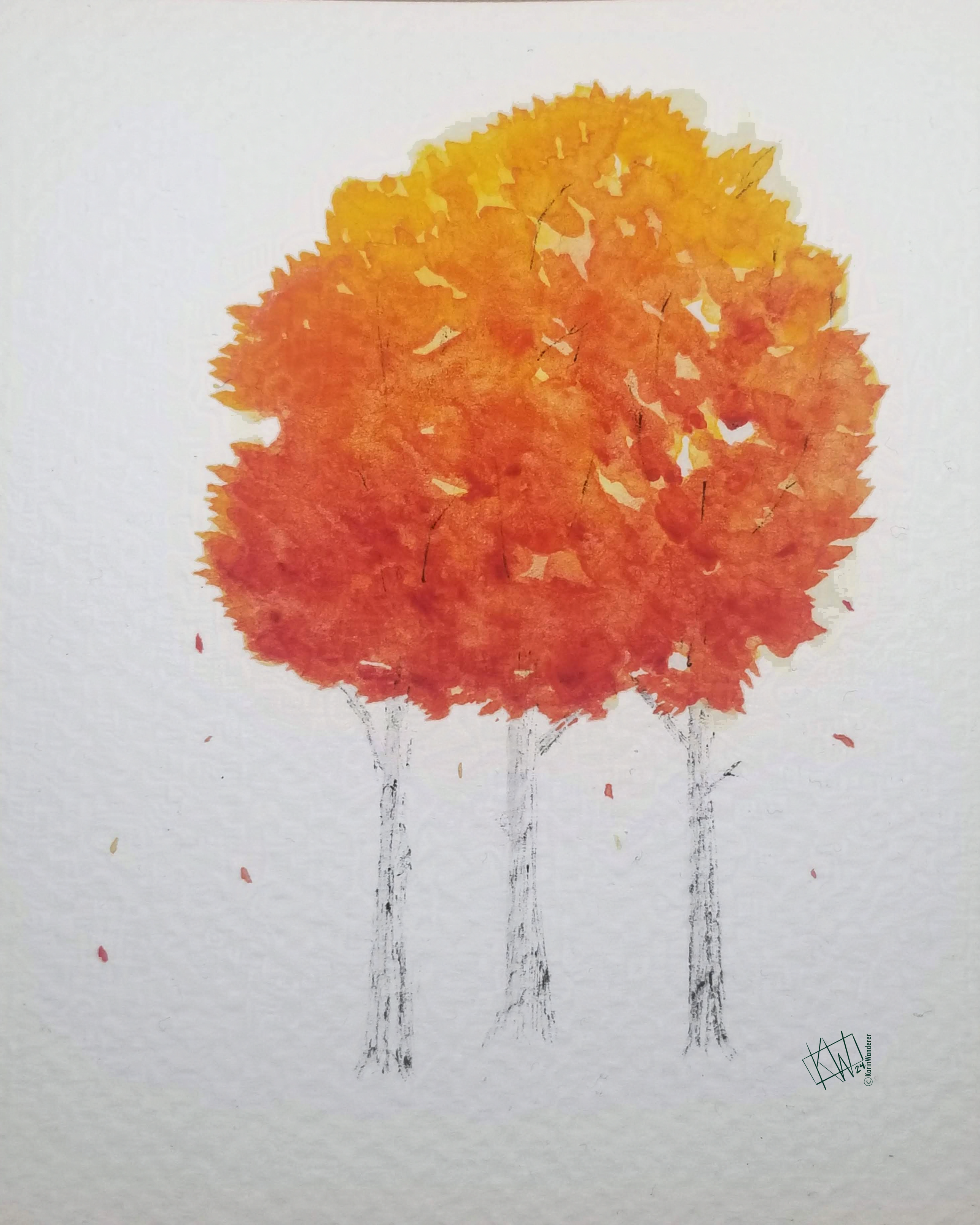 Watercolor of three trees growing so close together their crowns make one big mass of leaves. The leaves are yellow, orange, & red. Some leaves have just begun to fall to the ground.