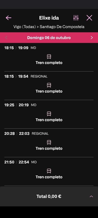 Screenshot of Renfe train app showing that every train is full for the rest of the day 