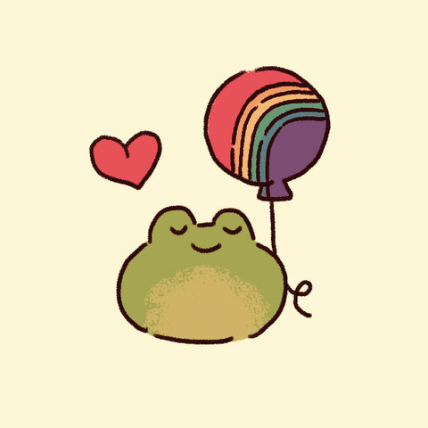 green frog with a rainbow balloon and red heart