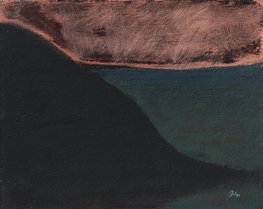 A landscape impression in paint. A dark hillside descends to a dark grey valley under a rough maroon and copper sky.