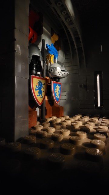 Inside a LEGO castle with shields and helmets