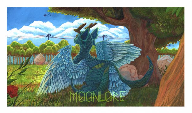 Scan of a painting made with gouache on hot press paper. The painting features a large dragon with feathery wings, two scaled tails with feathers between them, butterfly wing looking ears, and antlers lying down under a tree. It is looking across a field, which is surrounded on the far side by trees and boulders, with electricity poles running over the tops of the canopies. Another dragon is flying in the air, followed by birds. A red flower is in the foreground of the painting.