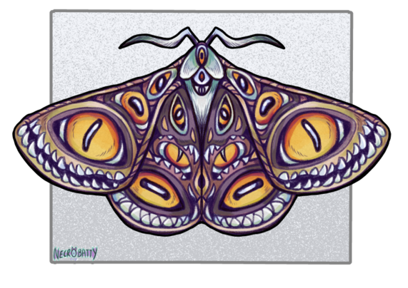 Illustration of a moth with a wing pattern that comprises of multiple yellow slit pupil eyes. A row of faux teeth runs along the brim of base of both sets of wings. Watermark is of the artist Necrobatty