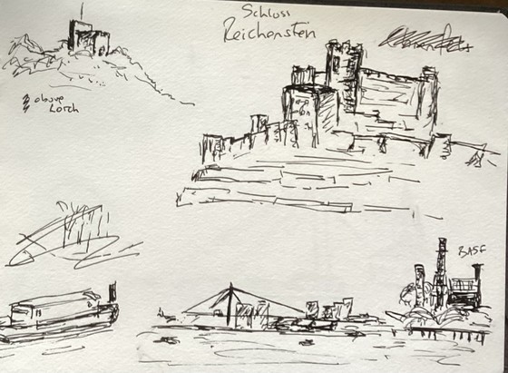 Quick pen sketches drawn from a boat emerging from thd Rhine Gorge - a small fortified hill, a castle with towers and crenellations and a factory