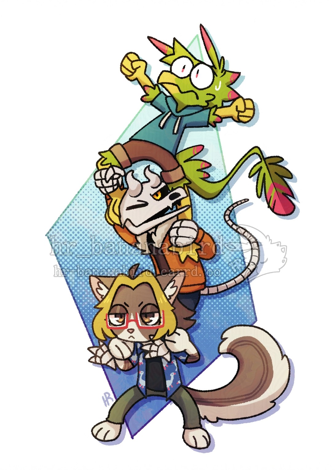 Digital art of three anthro characters riding on each other's shoulders. On the bottom is a brown and white cat wearing a blue button-up, green pants and red glasses, looking annoyed. In the middle is a skeleton crow with a pair of horns on their forehead and a long bony tail, wearing an orange coat and jeans. On the top is a green bird with long ear like feathers on their head and a long feathery tail, looking startled by loosing balance and is about to fall off the tower.