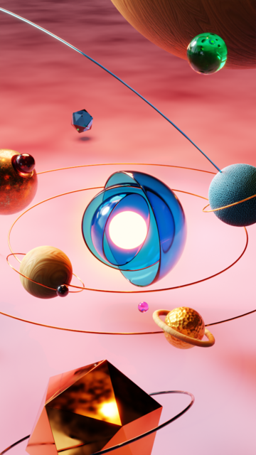 Abstract model of a solar system on a pink / salmon coloured floor, rendered with Blender3D. A big glowing orb in the centre, with copper circles (orbits) around it. More spheres on the circles (planets) with copper rings (orbits) and smaller spheres (moons) around the centre. They're all made of „natural“ materials, like glass, wood, fabric, copper etc.