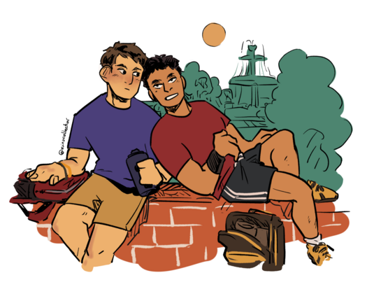 Flat colored drawing of Ushijima and Iwaizumi from Hiakyuu. They are resting in a park brick low wall. Iwa is resting his back on Ushijima's side and sitting with his legs on the wall.