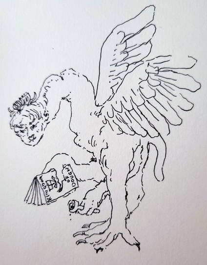 Pen drawing of a long-necked, winged creature with a human face holding a passport and stamp in their claws. The cover of the passport reads 