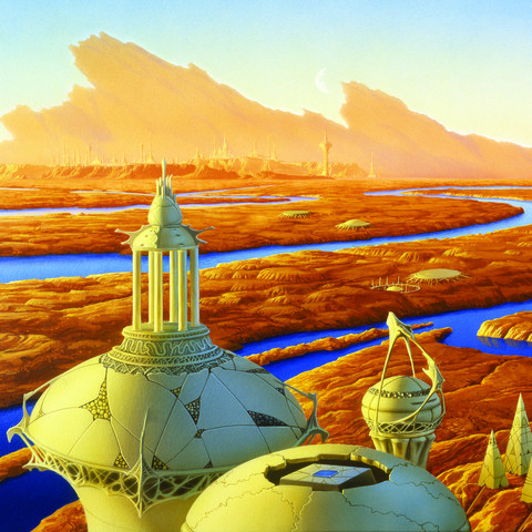 Close detail of the trio of domed towers in the foreground of DESCENT. In the far distance behind, a Martian city is nestled on a rise with a dramatic sweep of mountain angling upward as a backdrop.
