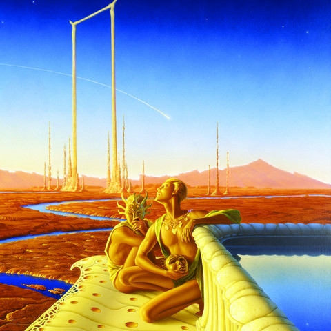 Close detail of the pair of Martian men in the foreground seated next to a pool of water reflecting the sky. The comet descends in the far distance positioned over their heads.
