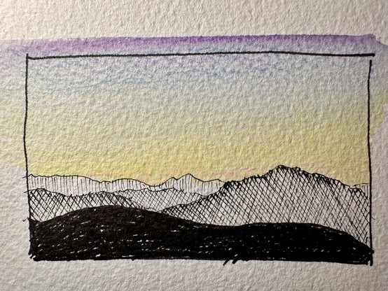 A sketch of a sunset over mountains, with hatched pigment liners used for the silhouetted mountains, and watercolour pencil wash for the yellows, oranges and blues of the sunset. 