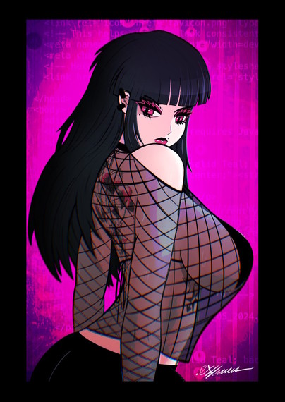 A pinup illustration of Reika Karpov, a busty succubus assassin. Here she is looking over her shoulder towards the viewer. She has on black pants, fishnet and a micro-bikini top. She's positioned in such a way that her back is partially visible, revealing an angled view of a tattoo of a kitsune wielding a kusarigama.