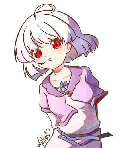 Anime style art of a girl with bob cut white hair and red eyes, looking to the viewer, with her arms behind her back.  The character is my original character Ayu.