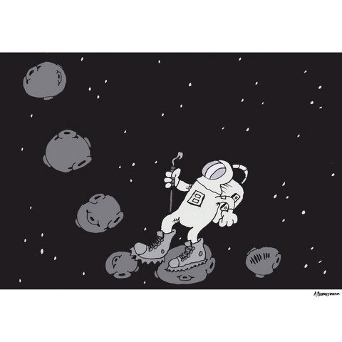 An astronaut hiking through space.