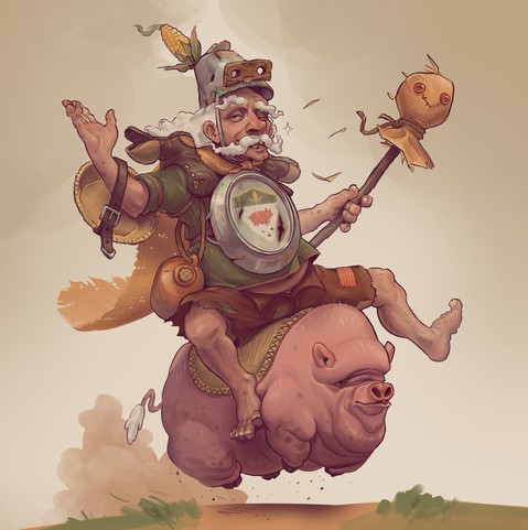 The brown knight rides on his mighty pig steed