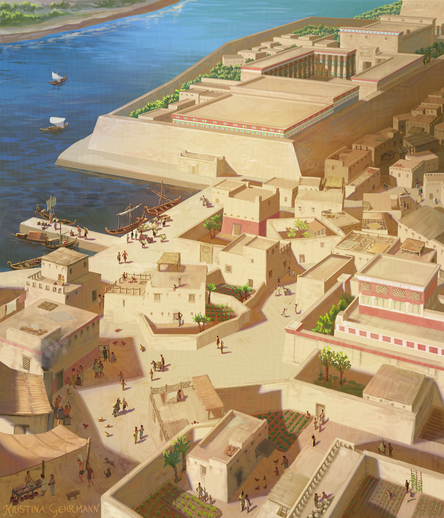 Panoramic view of Thebe in ancient Egypt, with townhouses in the foreground and the Karnak temple complex and the Nile in the background.