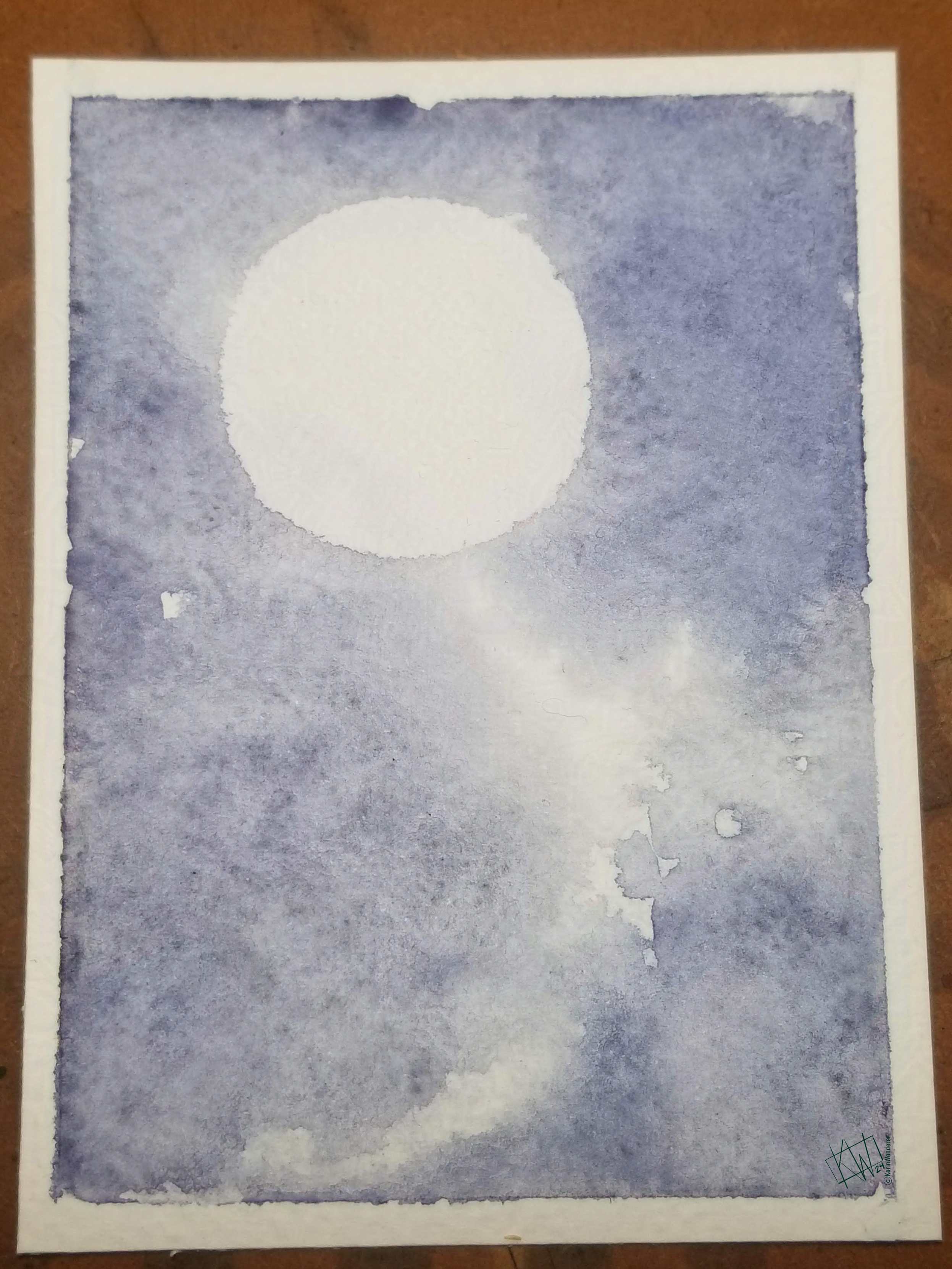 Watercolor full moon illuminates the misty night.