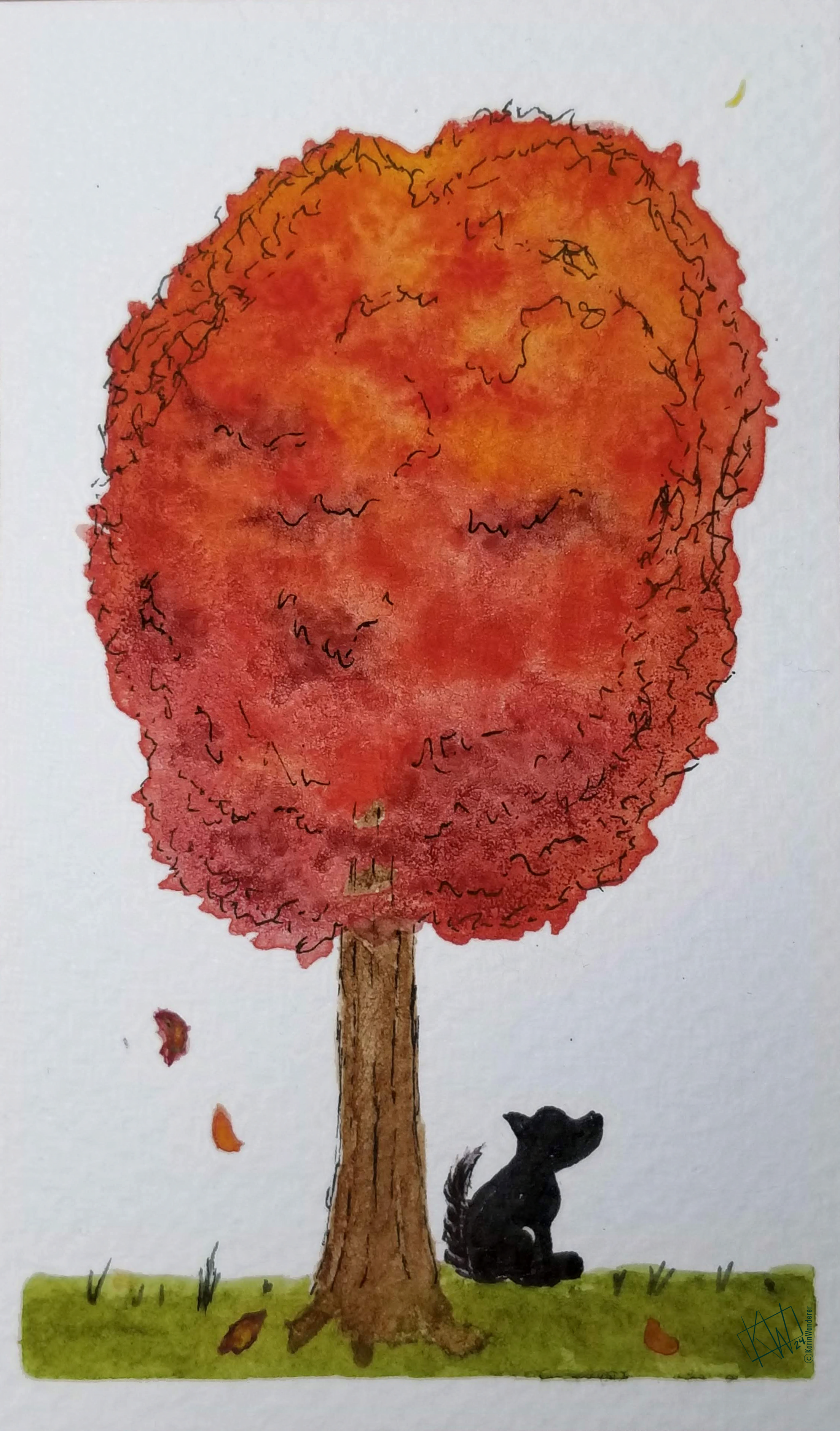 Watercolor dog sits on the grass under a tree with bright red-orange leaves.