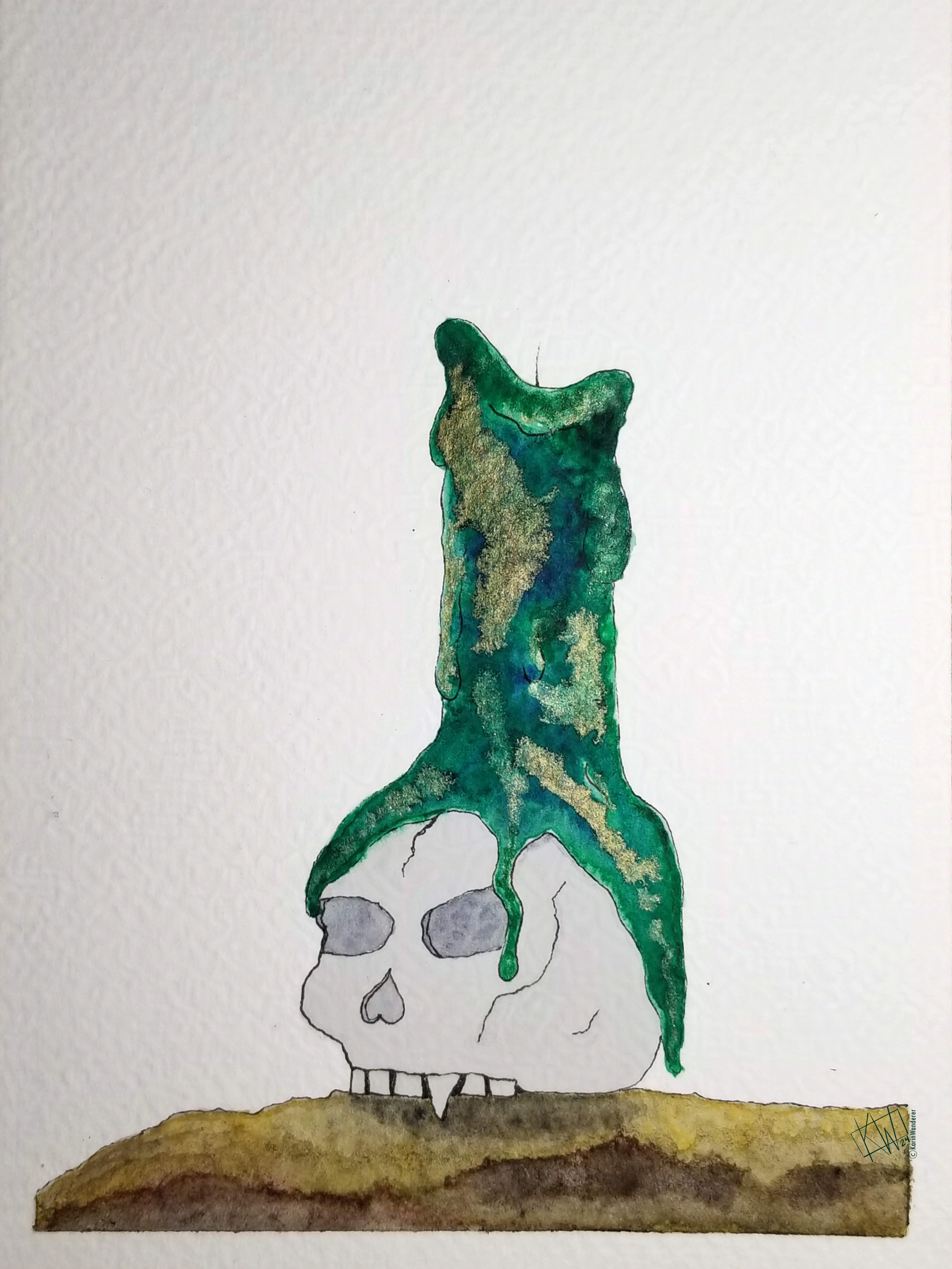 Watercolor & Ink painting of a skull with a suspiciously pointy canine tooth sitting on a rock. An ominous blue-green-gold candle has been stuck to the top of it and burned enough to melt around the skull, although it is not burning now.