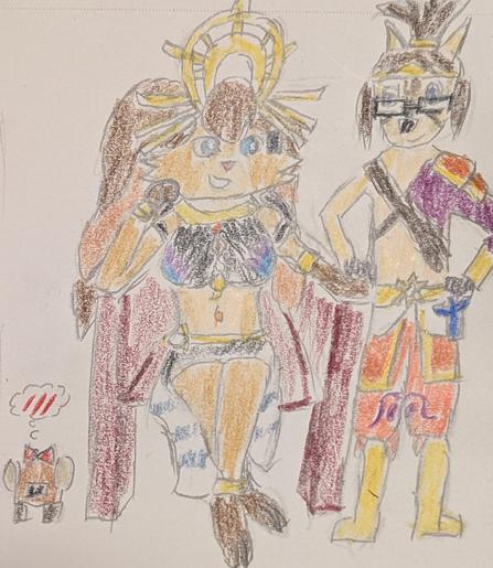 Lop Norausa, a Lepi woman, and Eli Norainu, an anthro dog man, dressed as Riju and Link in desert view armor respectively, characters from The Legend of Zelda: Breath of the Wild and Tears of the Kingdom. Mr. Scruffles, a bantha plushie, has a bow to play Patricia.