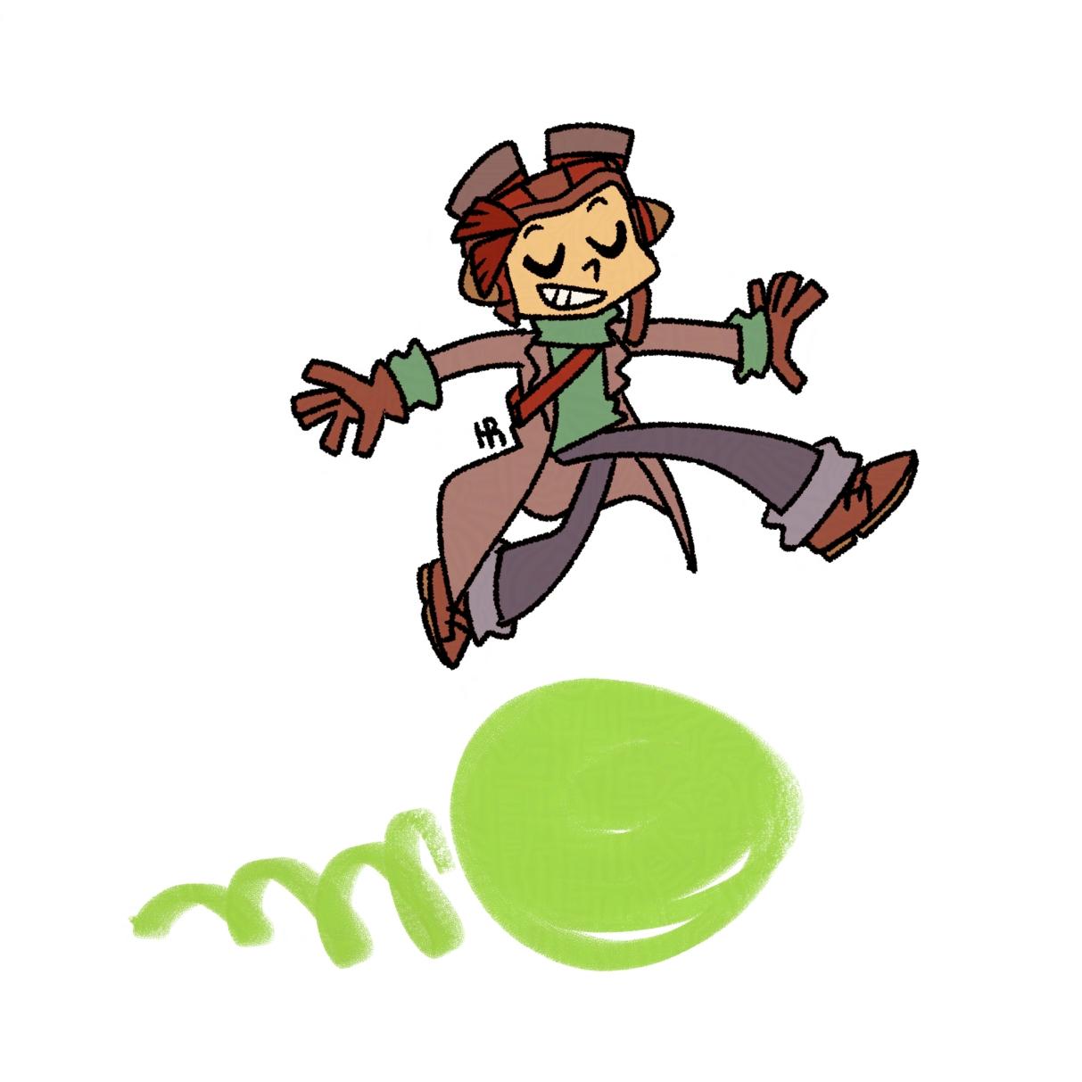 Digital art of Raz from the video game Psychonauts, rolling on a green ball of psychic energy with a smile on his face.