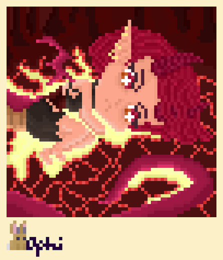 A dragon girl is lying on a floor of magma. Her red eyes stare depressed on the ground. Her arms and legs are pulled close to her body into an almost fetal position. 