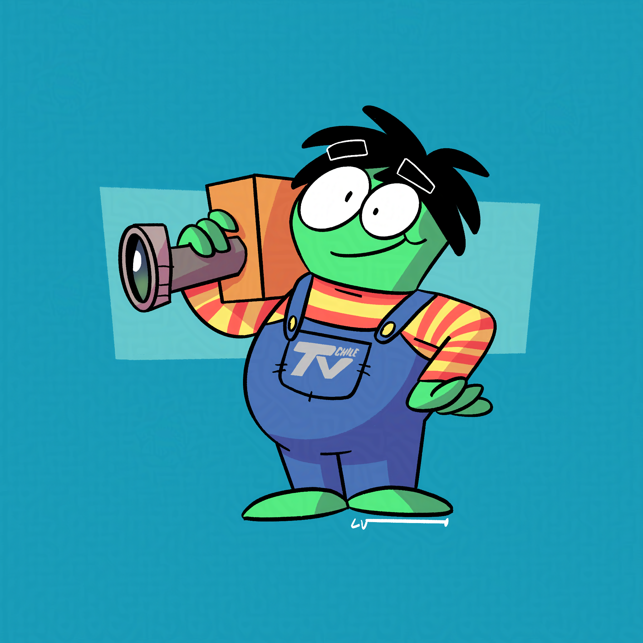 Drawing of a green pudgy alien with black curly hair. He's wearing a red and yellow striped shirt and blue overalls with the logo of TVN at the time. He's holding an old orange TV camera.