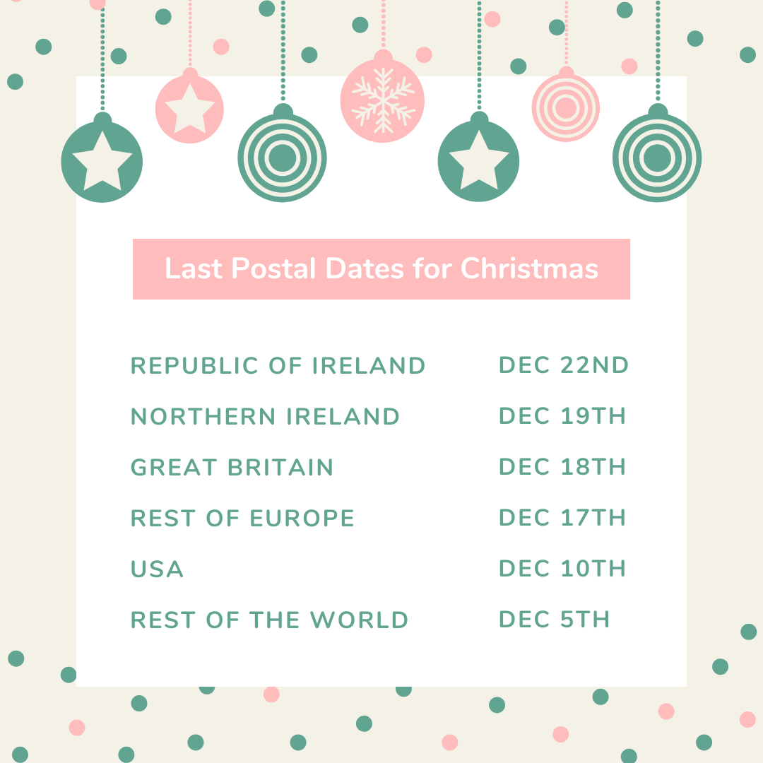 Last postal dates for Christmas from: https://www.anpost.com/Post-Parcels/Christmas/christmas-postal-dates Republic of Ireland: Dec 22nd. Northern Ireland: Dec 19th. Great Britain: Dec 18th. Rest of Europe: Dec 17th. USA: Dec 10th. Rest of the World: Dec 5th.