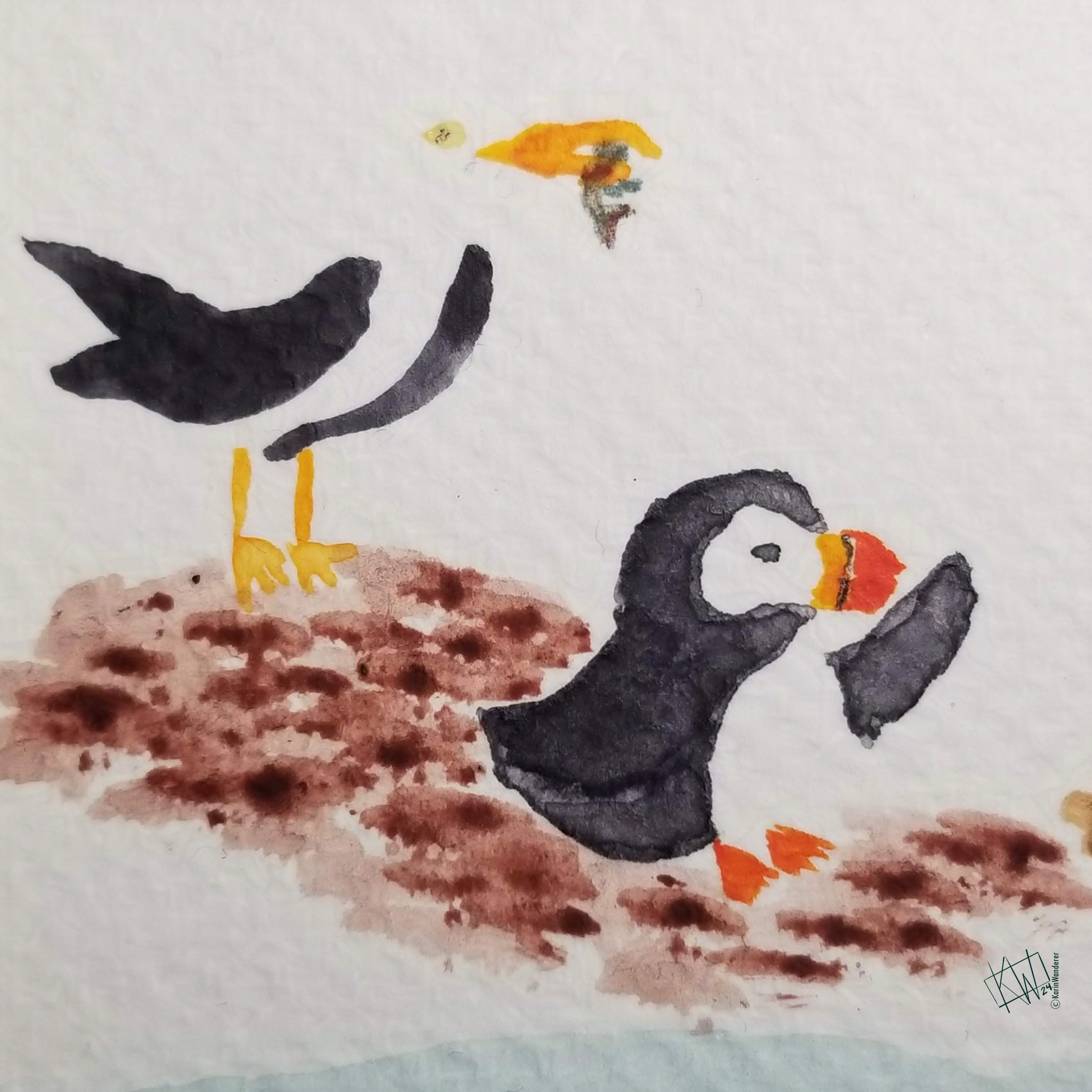 Watercolor puffin standing on the beach waves to their friends in the water. A gull with a fish held in their beak is about to enjoy lunch.