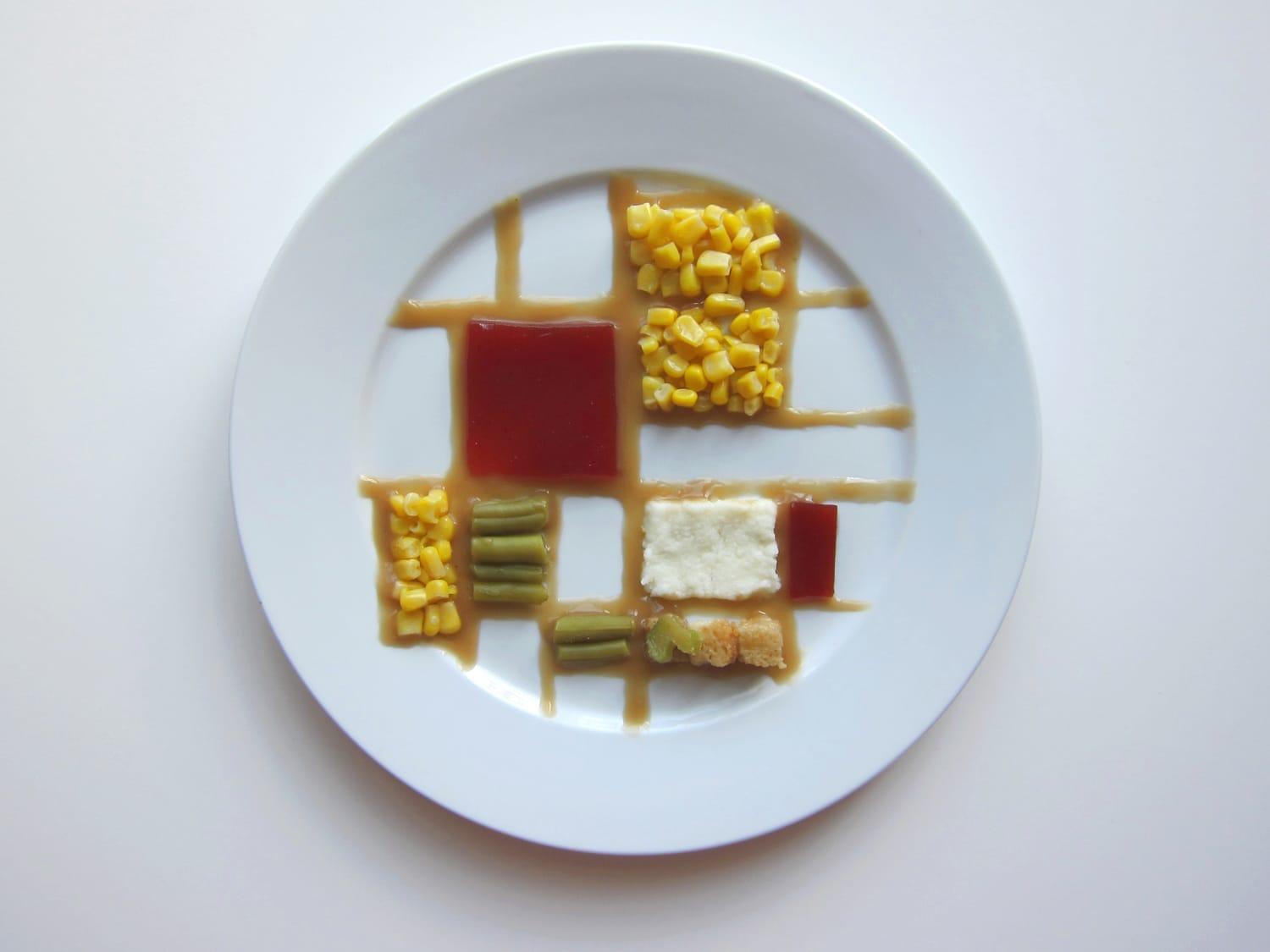 thanksgiving dinner plated in the style of Piet Mondrian