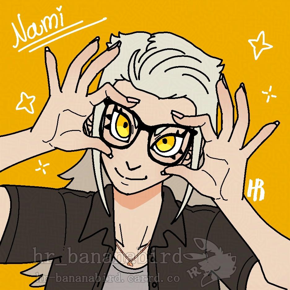 Digital art of a lady with long white hair, wearing black thick rimmed glasses. She has both of her hands on her glasses, holding the lenses between her index fingers and thumbs. She is looking straight forward towards the viewer with her head tilted to the right. She is wearing a black short-sleeved button up over a gray shirt.