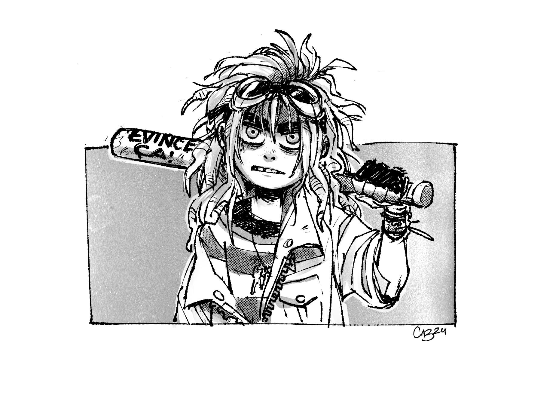 Illustration of a mean looking kid with a LOT of hair, holding a baseball bat