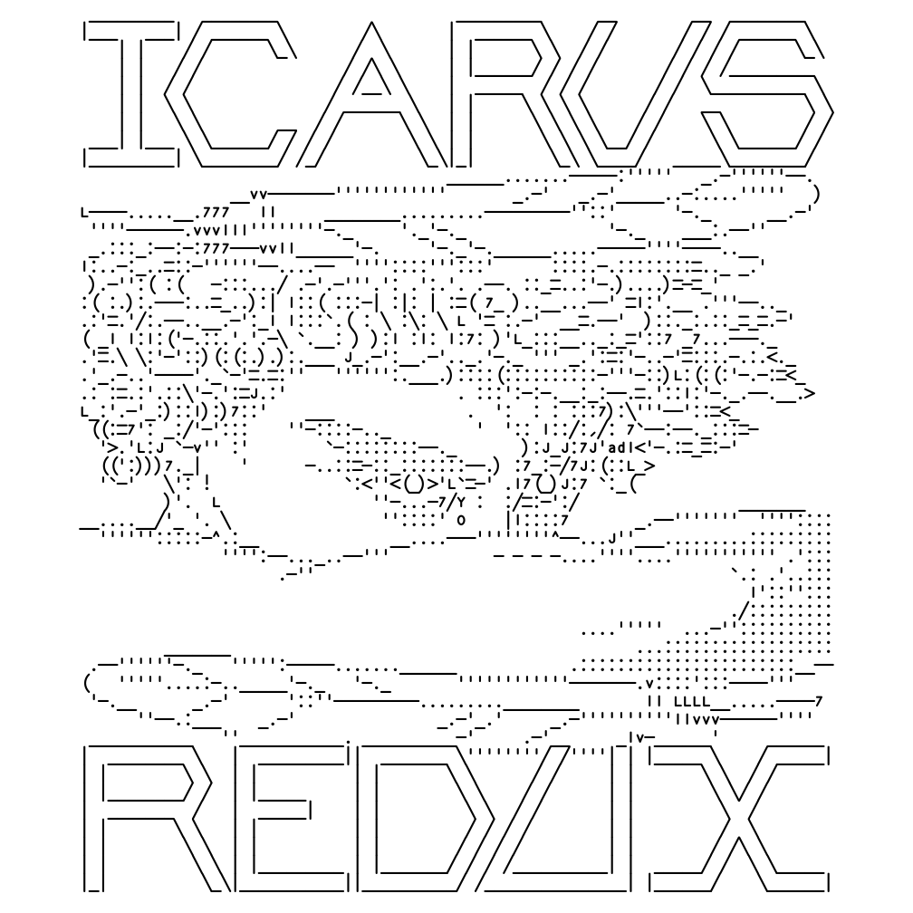 ASCII art redrawn by Alexandre Cabanel Fallen Angel. It is an excerpt focusing on the wrathful look of the devil who has just fallen from heaven. At the top and bottom of the redrawn excerpt, "ICARUS REDUX" is written in stylised letters along two feathers.